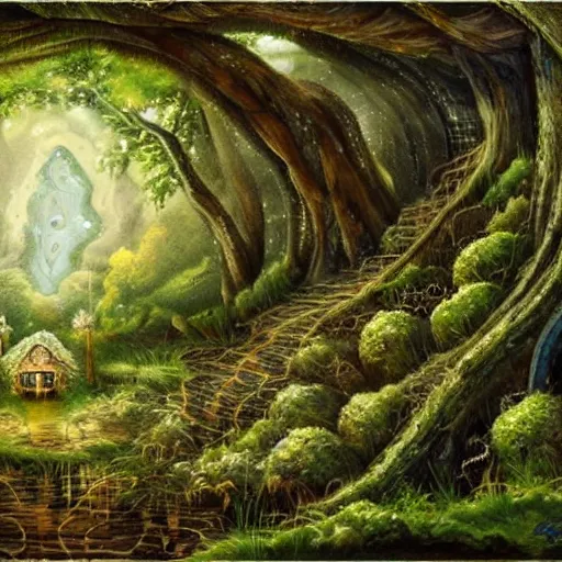 Prompt: an ultra detailed painting of a fantasy forest, nestled in a riverbank is a geode that contains a witch's den in it