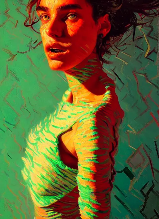 Image similar to portrait of yael shelbia, sensual, ecstatic, dancing, shades green and red, beautiful face, rule of thirds, intricate outfit, spotlight, by greg rutkowski, by jeremy mann, by francoise nielly, by van gogh, digital painting