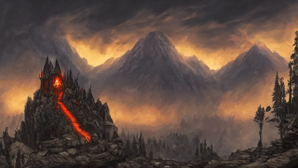 Prompt: evil wizard temple sitting on a cliff near snowy mountains with fire and smoke burining in the background by eugene von guerard, ivan shishkin, dramatic lighting, concept art, trending on artstation, 8 k