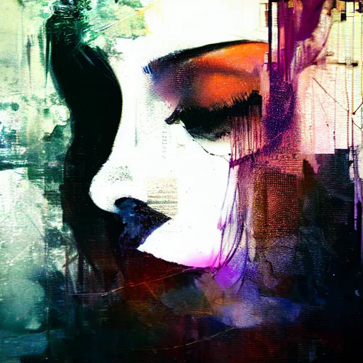 Image similar to glitchart of a young woman lucid dreaming in cyberspace photoreal, atmospheric by jeremy mann francis bacon and agnes cecile, ink drips paint smears digital glitches