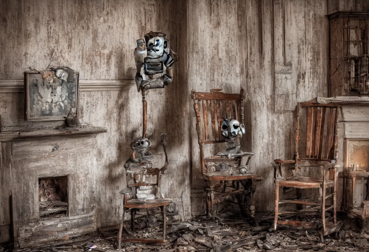 Image similar to A lonely robot sitting on a aged wooden rocking chair in front of a single beautiful fireplace in a dilapidated Victorian home