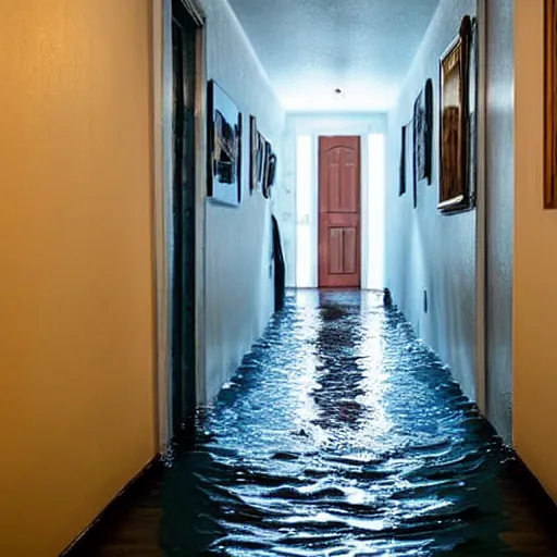 Image similar to flooded hallway in a cozy house, oddly familiar, liminal, unsettling,