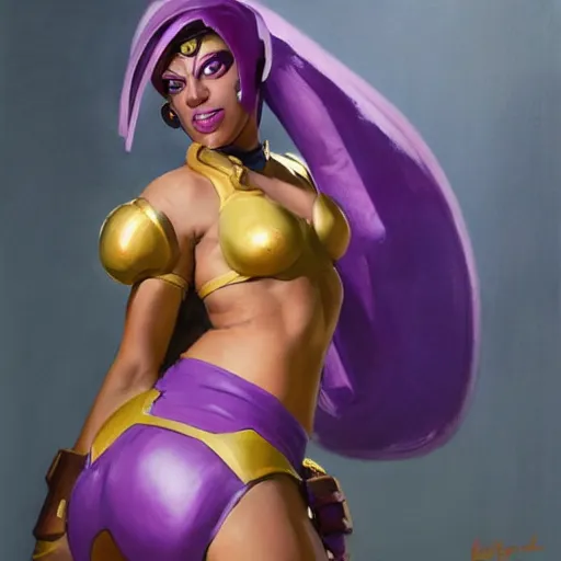 Image similar to greg manchess portrait painting of partially armored menat from street fighter as overwatch character, medium shot, asymmetrical, profile picture, organic painting, sunny day, matte painting, bold shapes, hard edges, street art, trending on artstation, by huang guangjian and gil elvgren and greg rutkowski