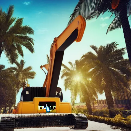 Prompt: an excavator sunbathing under palm trees, holiday vibe, jcb, photo style, ultra realistic