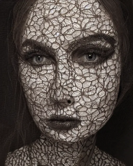 Image similar to close up of a woman's face, made of intricate decorative lace leaf skeleton, in the style of the dutch masters and gregory crewdson, dark and moody