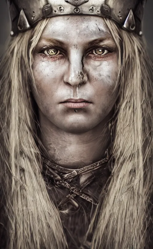 Prompt: photorealistic 3/4 portrait of beautiful female viking warrior with large sad gray eyes, dirty skin
