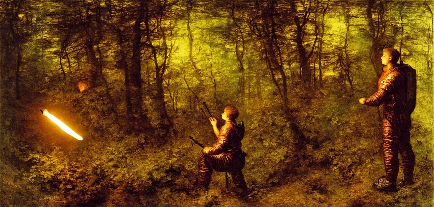 Image similar to an astronaut is in the woods, holding a torch ， by george frederick watts 1 8 8 6