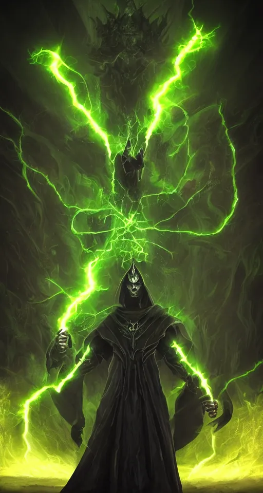 Image similar to illustration of dark priest holding green lightning, black halo, evil, power, green mist, scary, photorealistic, unreal engine, hellish background , Mtg , Dnd ,