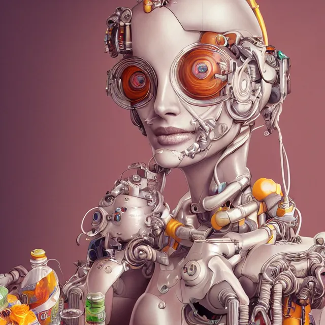 Image similar to the portrait of true neutral colorful female cyborg milk maid, elegant, lactating robot, an ultrafine hyperdetailed illustration by kim jung gi, irakli nadar, intricate linework, bright colors, final fantasy, unreal engine 5 highly rendered, global illumination, radiant light, detailed and intricate environment