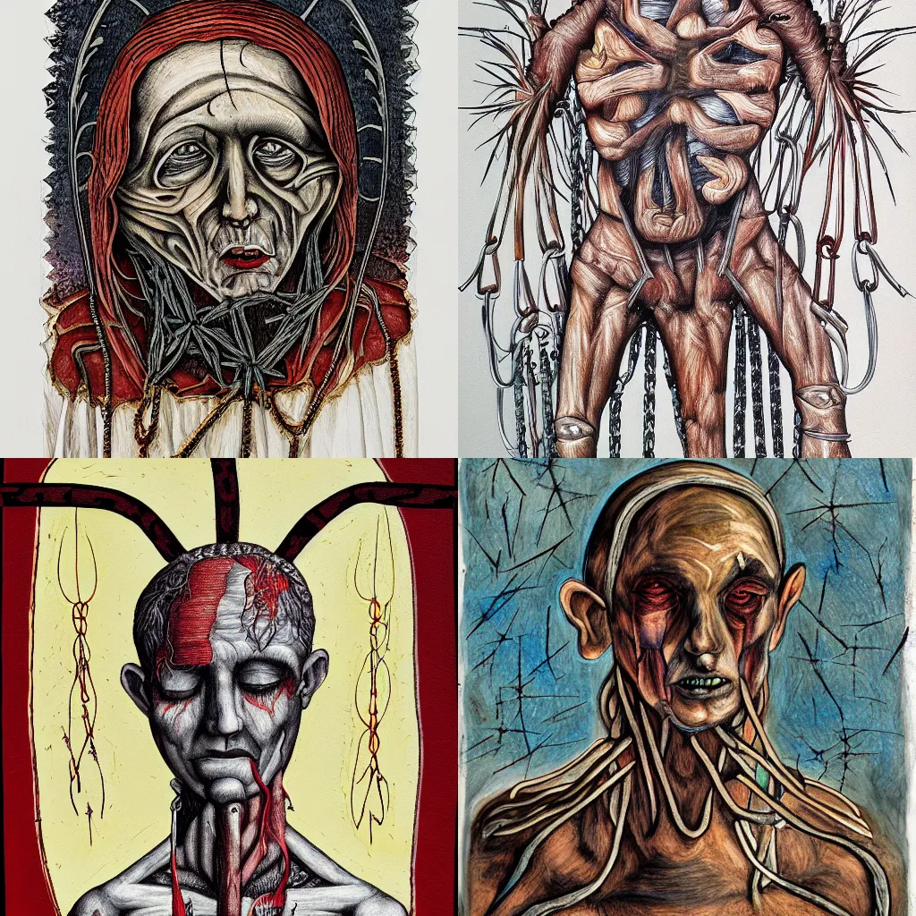 Prompt: high pontifex of pain, sinew, burns, chains, deep dream, elder, skin, gouache