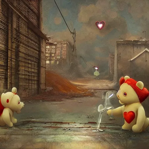 Prompt: Care bears left alone in a decrepit care alot to rot photo realistic 8k hyperdetailed A Separate Reality: New Paintings of Dystopian Worlds by Alex Andreev