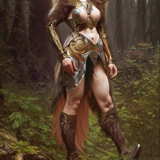 Image similar to long shot photo of a humanoid female she - wolf with wolf head were a heroic dress an armour in the forest, long hair, highly detailed, digital painting, artstation, smooth, sharp focus, illustration, art by artgerm and greg rutkowski and alphonse mucha