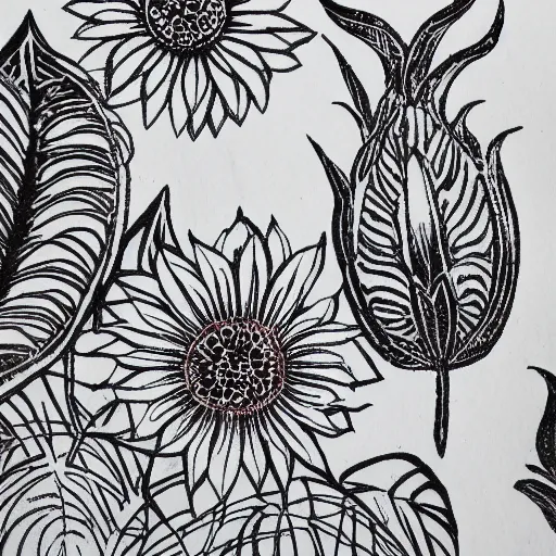 Image similar to block print, botanical art, boho, black ink on white paper