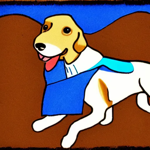 Prompt: light brown female dog wearing a blue cape, she's flying through the sky. Comic strip. As photograph.