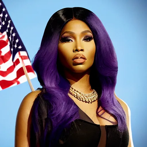Image similar to presidential photo of Nicki Minaj, centered in the middle of the picture, flag of Argentina behind on the left side, background out of focus
