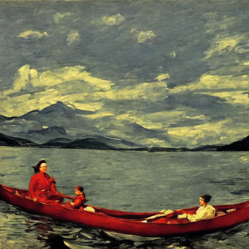 Prompt: a single woman sitting in one canoe on the hudson river, mountains in clouds, bright sun, oil painting, very detailed, by george bellows