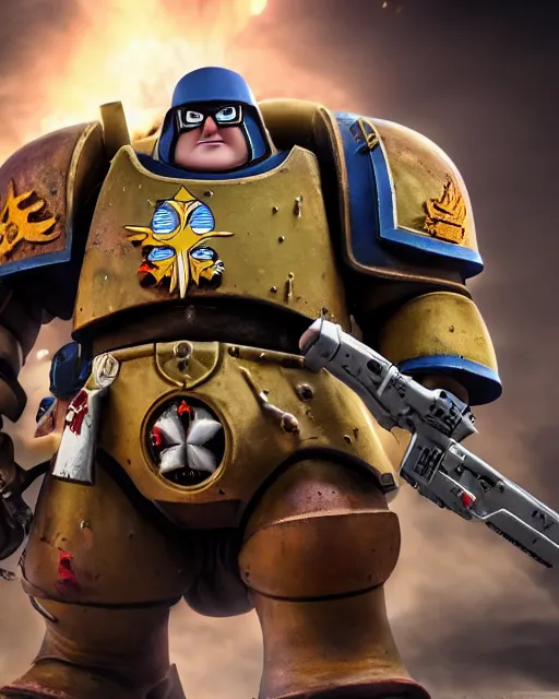 Prompt: peter griffin wearing warhammer space marine armor dynamic pose menacing cinematic shot atmospheric greebled high detail 4 k