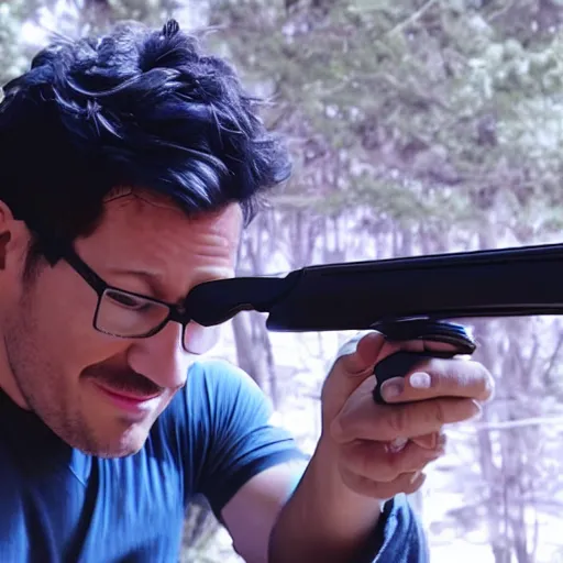 Prompt: Markiplier with a shotgun, photorealistic, cinematic lighting, shot on iphone