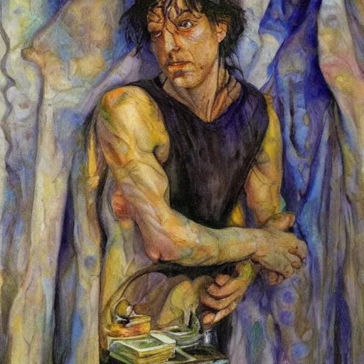 Image similar to comic sandman by Neil Gaiman, by Mikhail Vrubel, oil painting, art gallery, art museum, small details, hyperrealism, whole-length