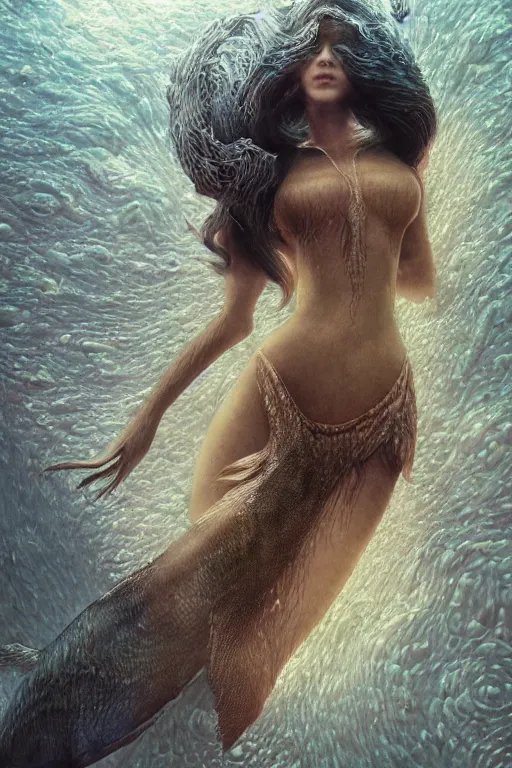 Prompt: underwater portrait of a goddess mermaid with (reaction diffusion) scaled fish skin. long dark hair, high detail, by Eddie Mendoza