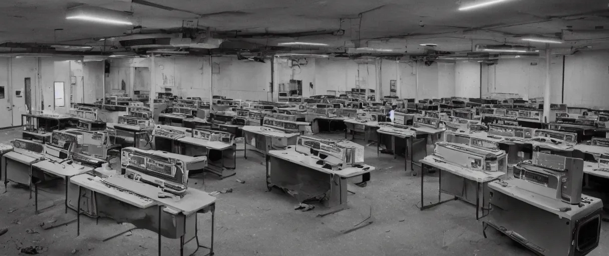 Image similar to movie still 4 k uhd 3 5 mm film color photograph of an abandoned computer laboratory full of 4 0 s decade of xx century vacuumtube computers