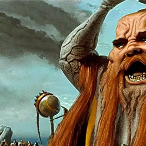 Image similar to screenshot taken from the movie gulliver travel, dwarves are demonic robots, high detailed, smooth draw, retrofuturism, created by michaelangelo.