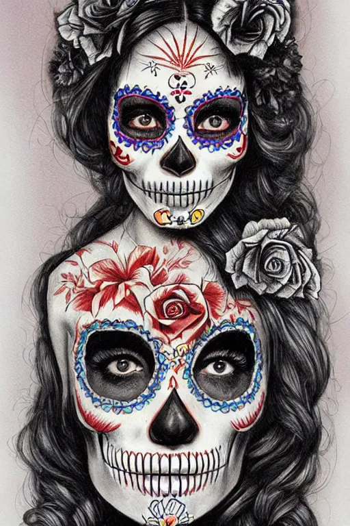 Image similar to illustration of a sugar skull day of the dead girl, art by james gurney