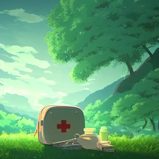 Image similar to zoom of magical first aid kit, in a gentle green dawn light, studio ghibli, clean cel shaded vector art, cinematic lighting, volumetric lighting, smooth, sharp focus, highly detailed, render in unreal engine 5, artstation, deviantart, behance, trending, epic composition, octane, light rays, award - winning