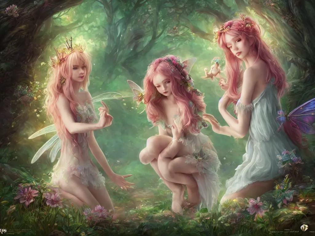 Image similar to two cute fairy in the dreamy forest, fantasy, dreamlike, 8 k resolution, hyper detailed, d & d, character design, digital painting, trending on artstation, sharp focus, illustration, art by artgerm, viktoria gavrilenko, hoang lap, fuji choko, steve zheng