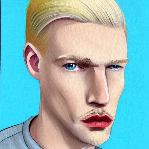 Prompt: thin blond man with blond hair long on top medium down the sides, blond beard, small chin, small nose, thin lips, English heritage, small blue eyes, tiny ears, middle aged, uncool, pale skin, narrow face, digital art, painterly, cartoon, cute, 8k, illustration, art by loish, painterly, trending on artstation, medium shot, uncropped