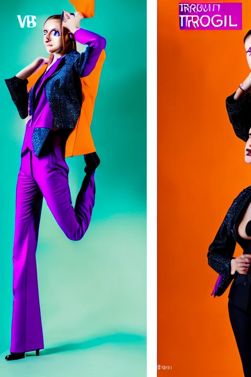 Image similar to realistic photoshooting for trouser suit for a rave, bright colors, vhs colour photography, photo for a magazine, photo for a store, fashion photography, Vogue,, cinematic, high detail, 8k, dynamic pose,Smooth skin, perfect face, 80mm lens, 1.2 aperture, close up, cinematic light, very detailed, cover magazine