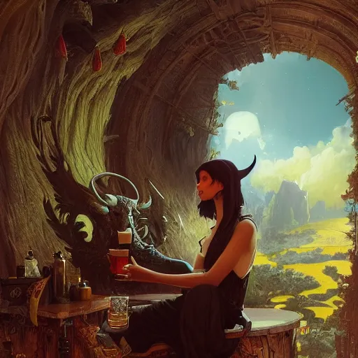 Prompt: highly detailed painting of baphomet drinking beer, unreal engine, fantasy art by greg rutkowski, loish, rhads, ferdinand knab, makoto shinkai and lois van baarle, ilya kuvshinov, rossdraws, tom bagshaw, alphonse mucha, global illumination, radiant light, detailed and intricate environment