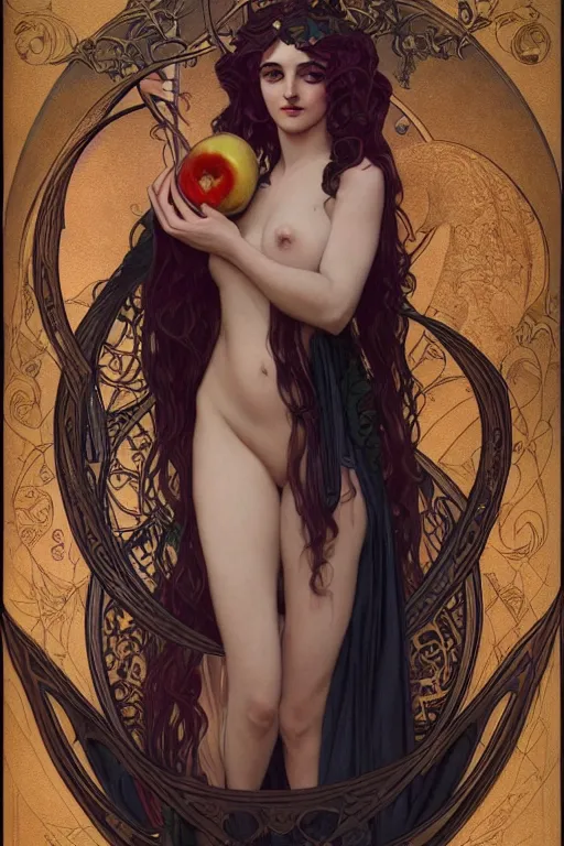 Image similar to Art Nouveau Lilith, Empress of the moon, Sensual occult esoteric woman holding an apple, full body portrait, headshot, D&D, fantasy, highly detailed, digital painting, artstation, concept art, sharp focus, illustration, art by artgerm and greg rutkowski and alphonse mucha