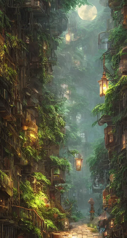 Image similar to Architectural section, movie concept art, steampunk style, Miyazaki tekkonkintreet Teikoku Shounen style, amazing + fantasy Traditional Japanese alley lane on full moon, lush vegetation and ferns, sun rays, octane render, trending on artstation, hyper detailed, cinematic