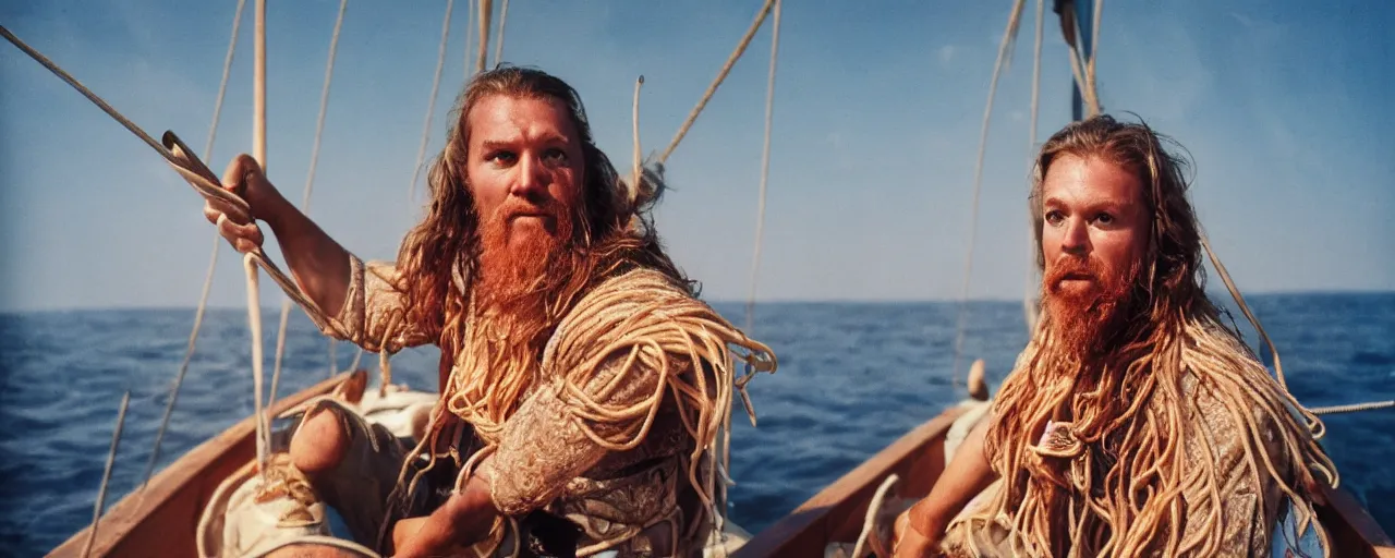 Image similar to vikings sailing on a boat filled with spaghetti, baltic sea, canon 5 0 mm, super detailed face, facial expression, cinematic lighting, photography, retro, film, kodachrome