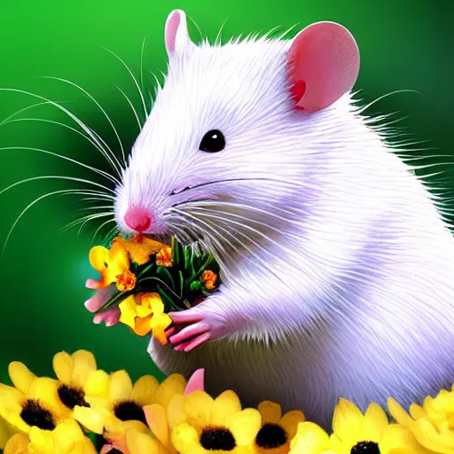 Prompt: photo realistic white rat holding a flower cinematic composition, hyper realism, cute