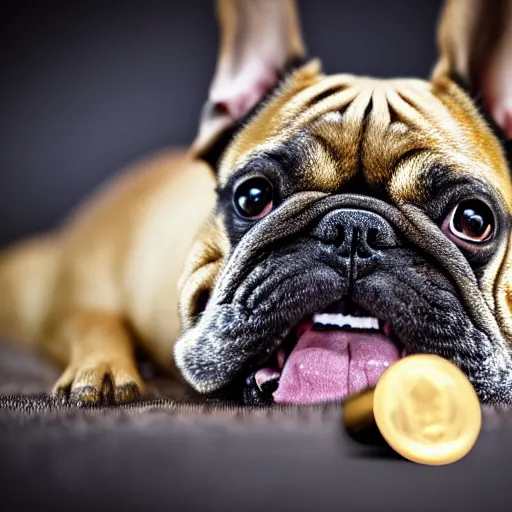 Image similar to an ancient roman gold coin with the face of a french bulldog, close up photo, ultra realistic, studio photo, bokeh.