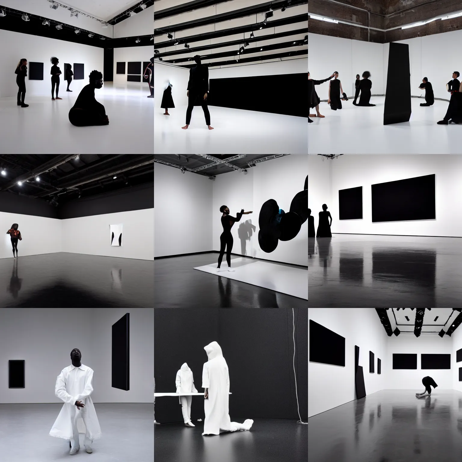 Prompt: a white space and a black subject contemporary art performance