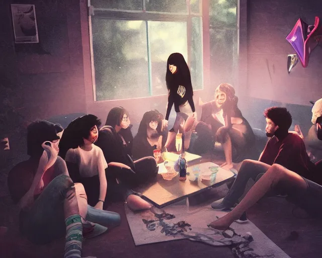 Prompt: a painting of an emo teenager hanging out with her friends at a super cool house party, unreal engine, atmospheric, hip, cool, college party