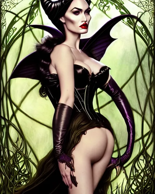 Image similar to new art nouveau portrait of fantasy succubus maleficent megan fox wearing a leather corset in a magical forest, anna dittmann, moebius, wlop, artgerm, patrick nagle, charlie bowater and loish. long windblown hair, ultrasharp focus, dramatic lighting, barbwire vine arches, photorealistic digital matte painting, intricate.