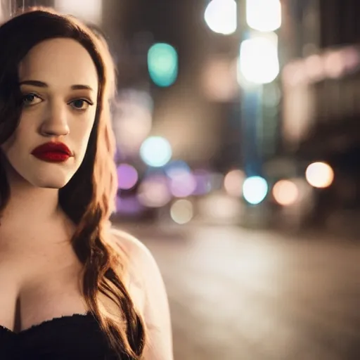 Prompt: a still of KAT DENNINGS. Shallow depth of field. City at night in background, lights, colors ,studio lighting, mood, 4K. Profession photography