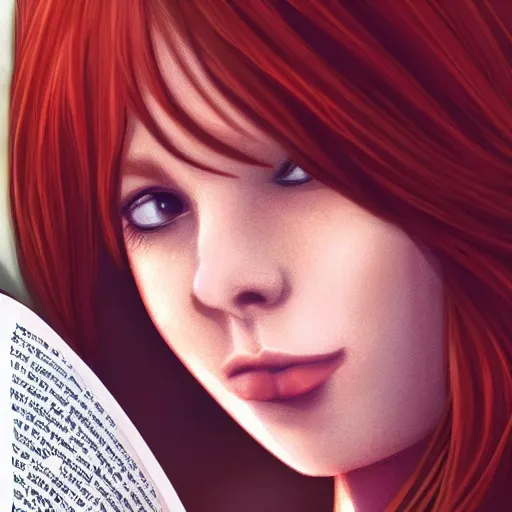 Image similar to A red haired girl rests her beautiful face and long hair over a book, she's sleeping, digital art, artstation