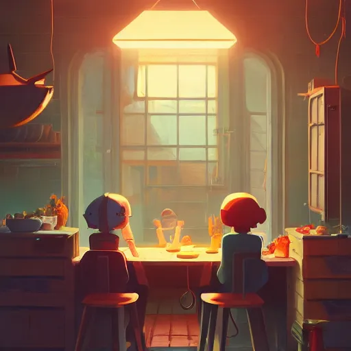 Image similar to cute kitchen dim lit by a candle ripped physique simon stalenhag gerald brom bastien grivet greg rutkowski portrait