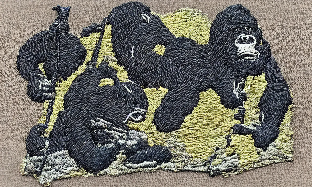 Prompt: a gorilla climbing a radio communications tower. breaking lighting bolts. embroidered us radar corps patch 8 k /