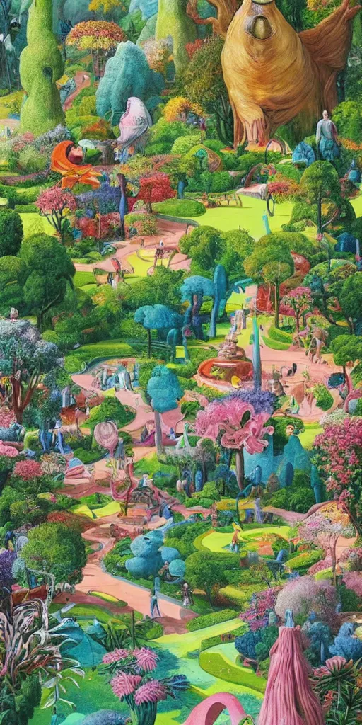 Prompt: bosch and beeple!!!!!!! ( ( ( ( ( ( ( and lisa frank ) ) ) ) ) ) ) painting of a magnificent garden filled with remarkable sculptures, trees, and structures, incredible details