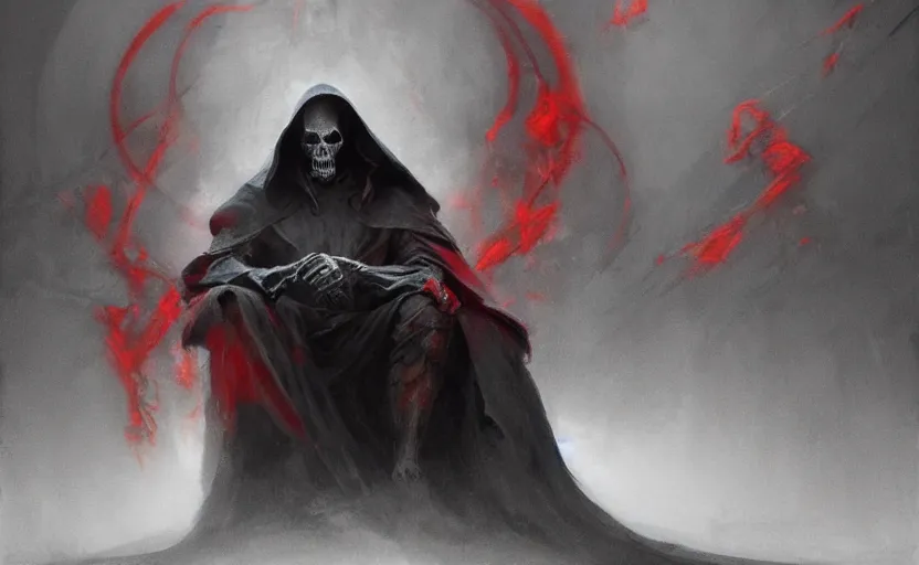 Prompt: the grim reaper sitting on a throne, soft grey and red natural light, intricate, digital painting, artstation, concept art, smooth, sharp focus, illustration, art by greg rutkowski and luis rollo and uang guangjian and gil elvgren, symmetry!