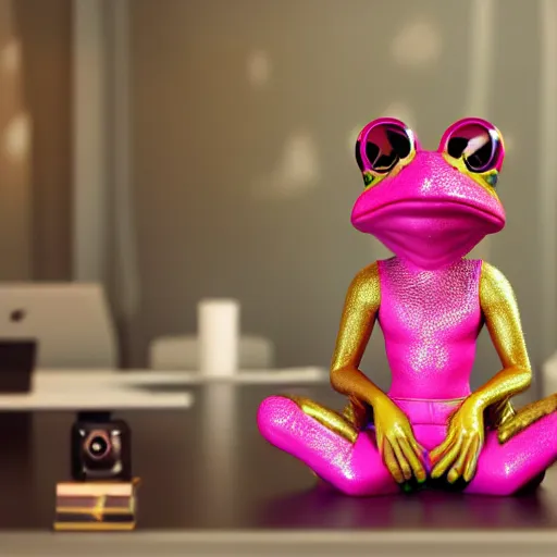 Image similar to octane render of a pink anthropomorphic frog wearing a golden set of armor sitting in a desk at an office,
