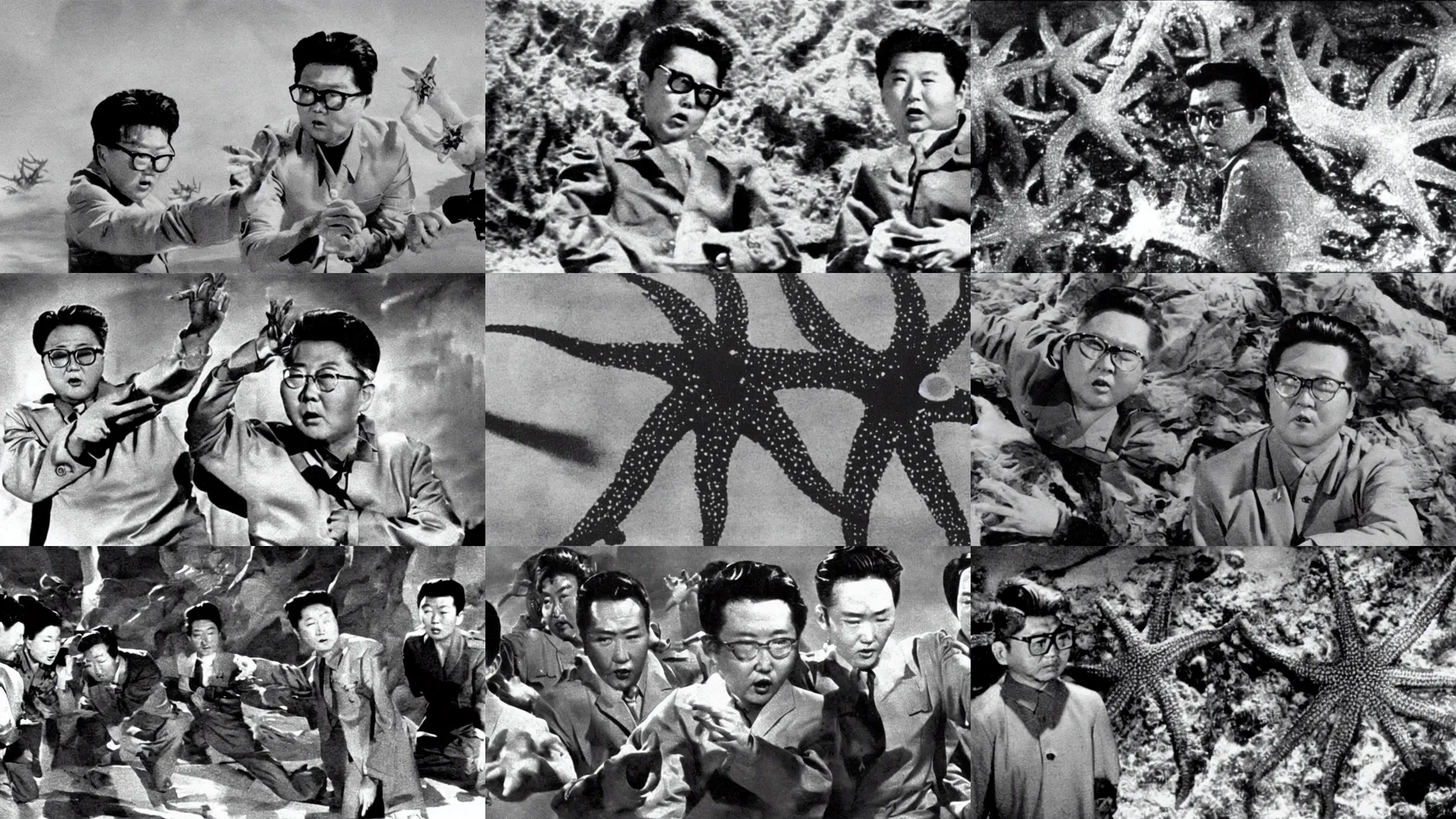 Prompt: a filmstill of a singular Kim Jong-il, giant Kaiju starfish monster, 1950s Korean film noir