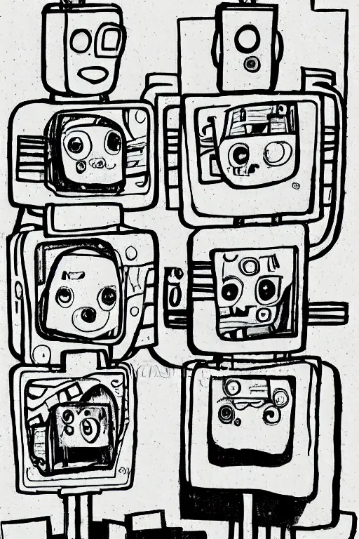 Image similar to children's book illustration of robots watching tv by margret rey