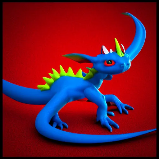 Image similar to “ baby dragon, red with yellow eyes, blender 3 d image, smooth, high quality, blue floor, 8 k ”